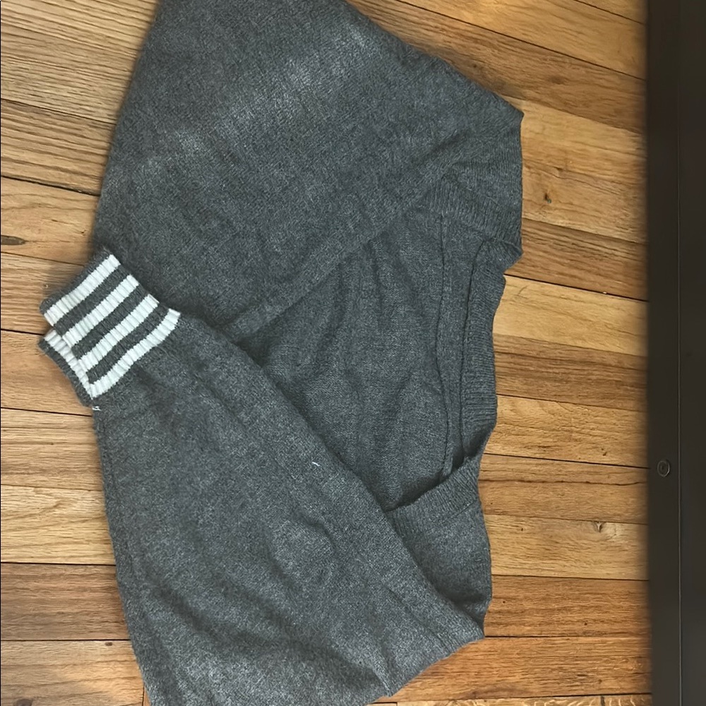 Gray Knit Sweater with Striped Cuffs